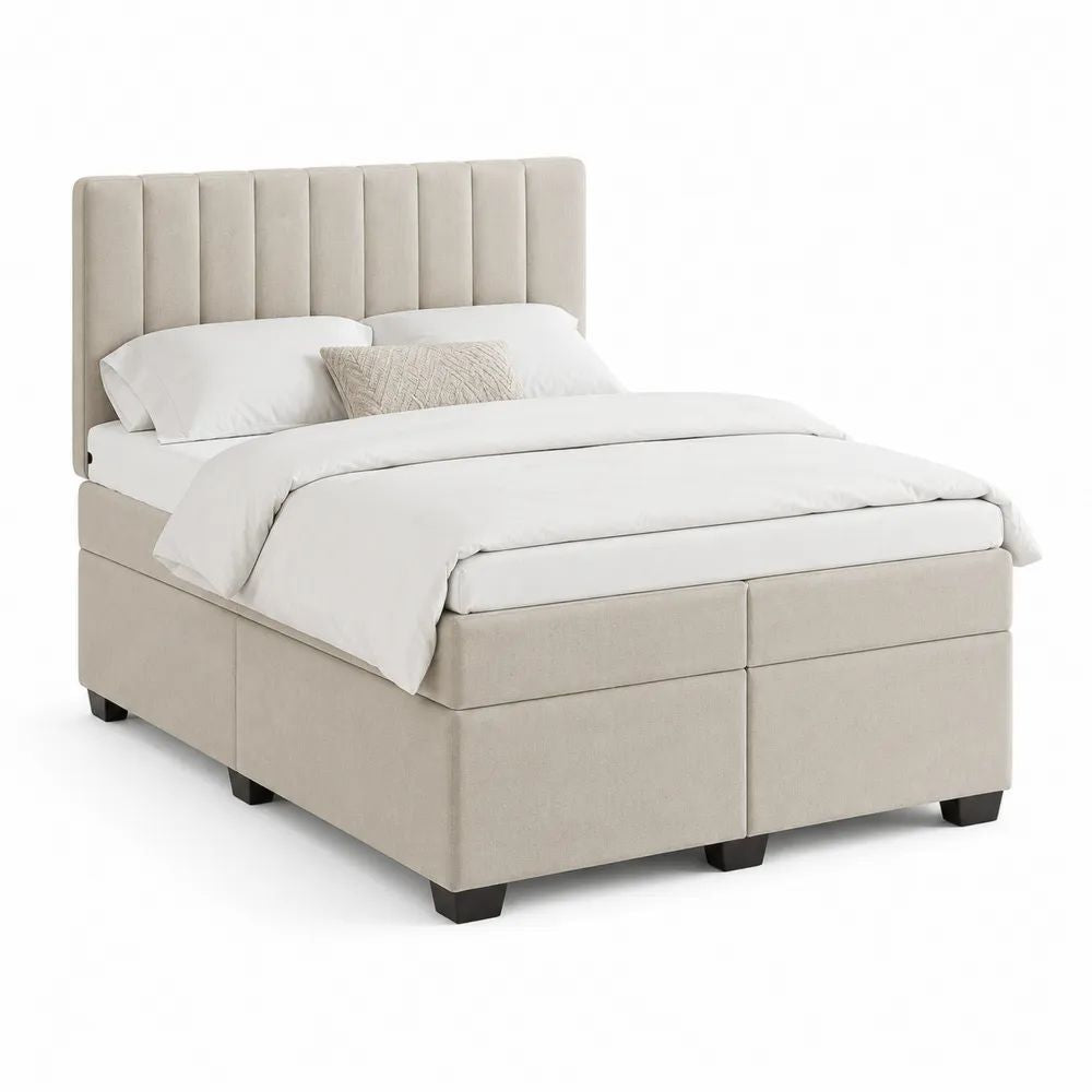 Lit double rembourré en tissu beige 160 x 200 cm avec sommier et tête de lit à panneaux verticaux, 215 x 171 x 120 cm