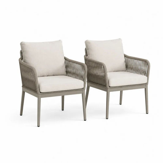 Lot de 2 fauteuils de jardin en aluminium et corde, coussins beige et structure taupe, 60 x 62 x 82 cm
