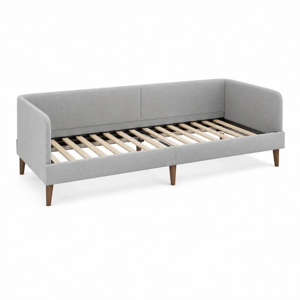 Lit banquette rembourré 1 place en tissu gris clair avec structure en bois et sommier à lattes, couchage 90 x 200 cm, dimensions 214 x 101 x 82 cm
