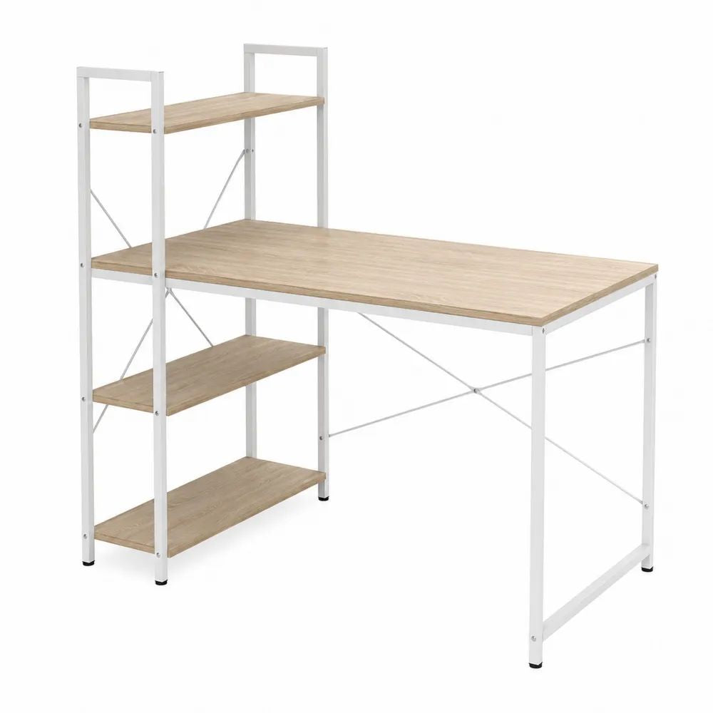 Bureau informatique avec étagère latérale à 3 tablettes en bois et métal, chêne clair et blanc, 120 × 60 × 120 cm