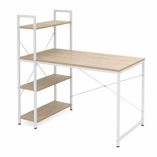 Bureau informatique avec étagère latérale à 3 tablettes en bois et métal, chêne clair et blanc, 120 × 60 × 120 cm