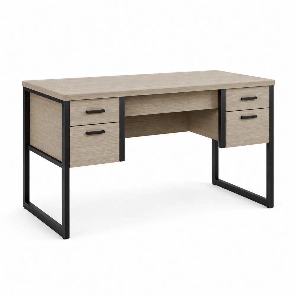 Bureau droit avec 4 tiroirs en panneaux de particules mélaminés et acier, chêne grège et noir, 140 × 60 × 75 cm