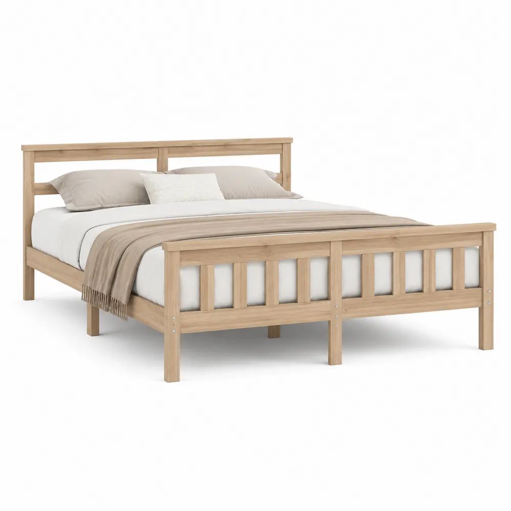 Lit double 160 x 200 cm en pin massif, finition naturelle beige clair, tête et pied de lit à barreaux