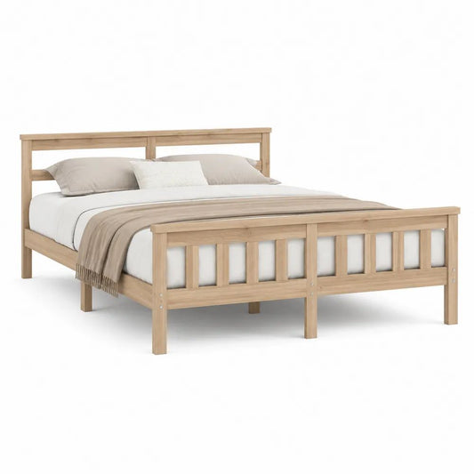 Lit double 160 x 200 cm en pin massif, finition naturelle beige clair, tête et pied de lit à barreaux