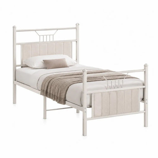 Lit double rectangulaire 140 × 190 cm en acier blanc cassé avec tête et pied rembourrés en tissu beige