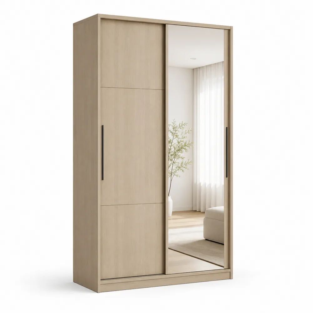 Armoire rectangulaire en bois à 2 portes coulissantes avec miroir, chêne clair, 120 × 60 × 200 cm