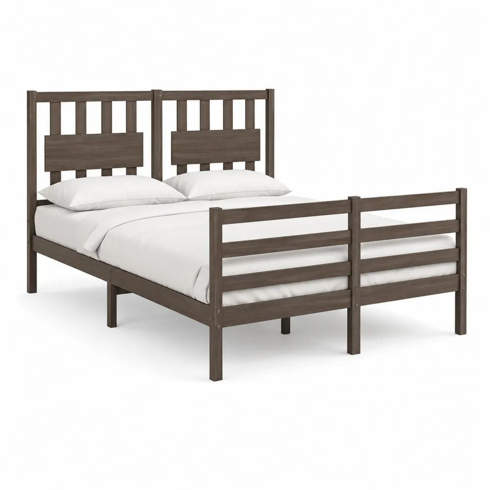 Lit double 140 x 190 cm en pin massif brun foncé avec tête et pied de lit à lattes