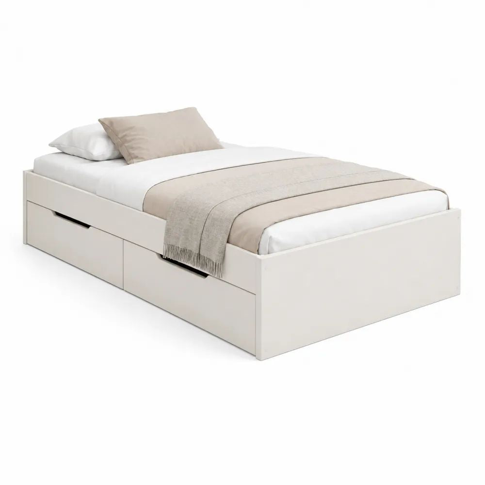 Lit simple rectangulaire en panneaux de particules mélaminés blanc cassé avec sommier à lattes et 2 tiroirs, couchage 90 × 190 cm