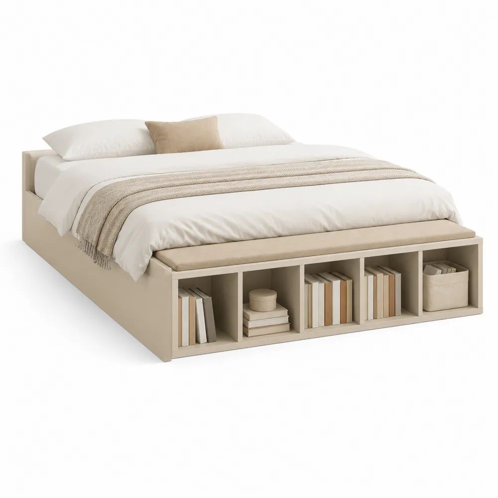 Lit double beige 160 x 200 cm avec rangement ouvert et banquette rembourrée, en panneaux mélaminés et tissu, dimensions 220 x 170 x 88 cm