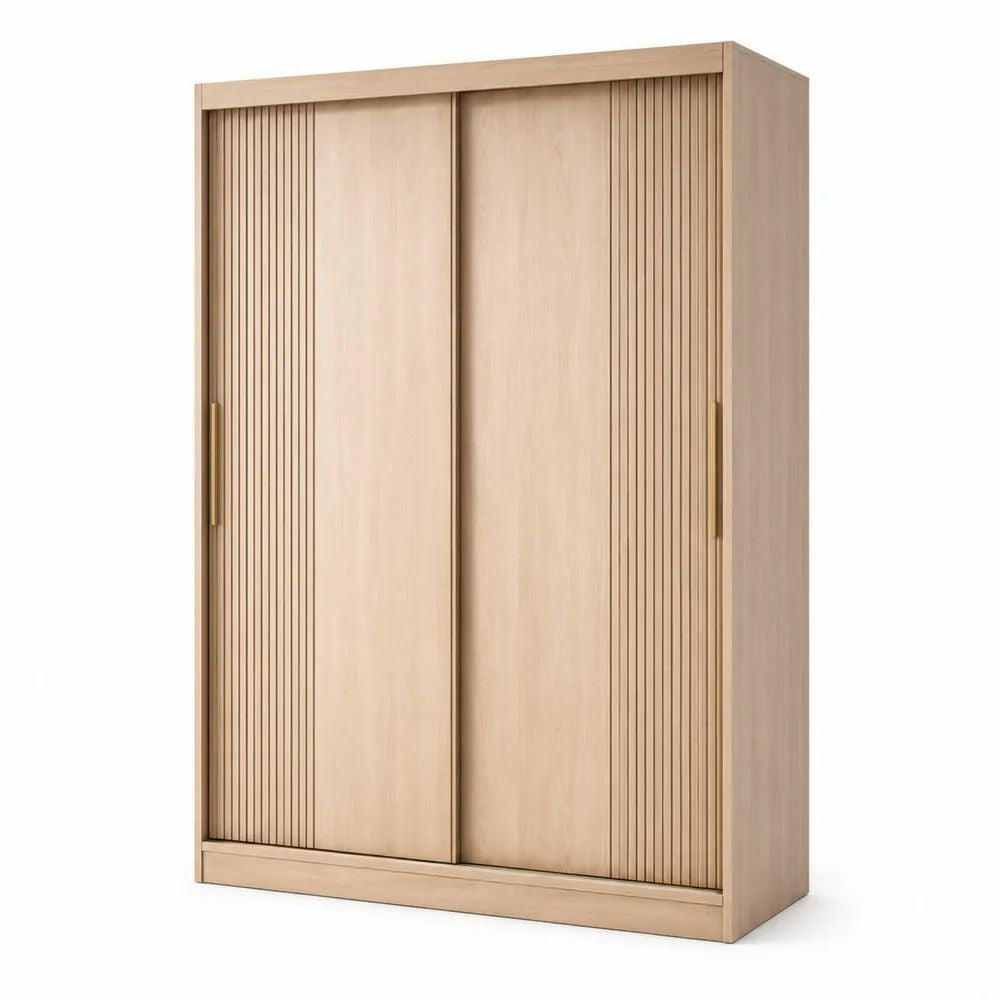 Armoire de rangement en bois à 2 portes coulissantes, chêne clair et laiton, 180 × 60 × 220 cm