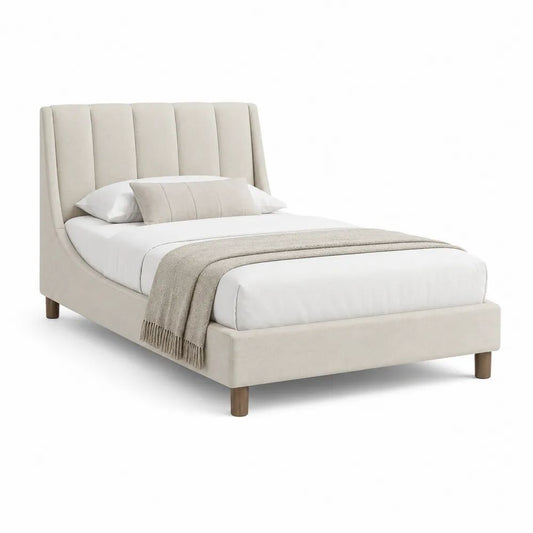 Lit double rembourré en tissu beige avec tête de lit à panneaux verticaux, couchage 160 × 200 cm, dimensions 218 × 174 × 120 cm