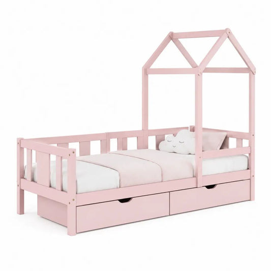 Lit cabane enfant en bois rose 90 × 190 cm avec barrières, sommier à lattes et 2 tiroirs